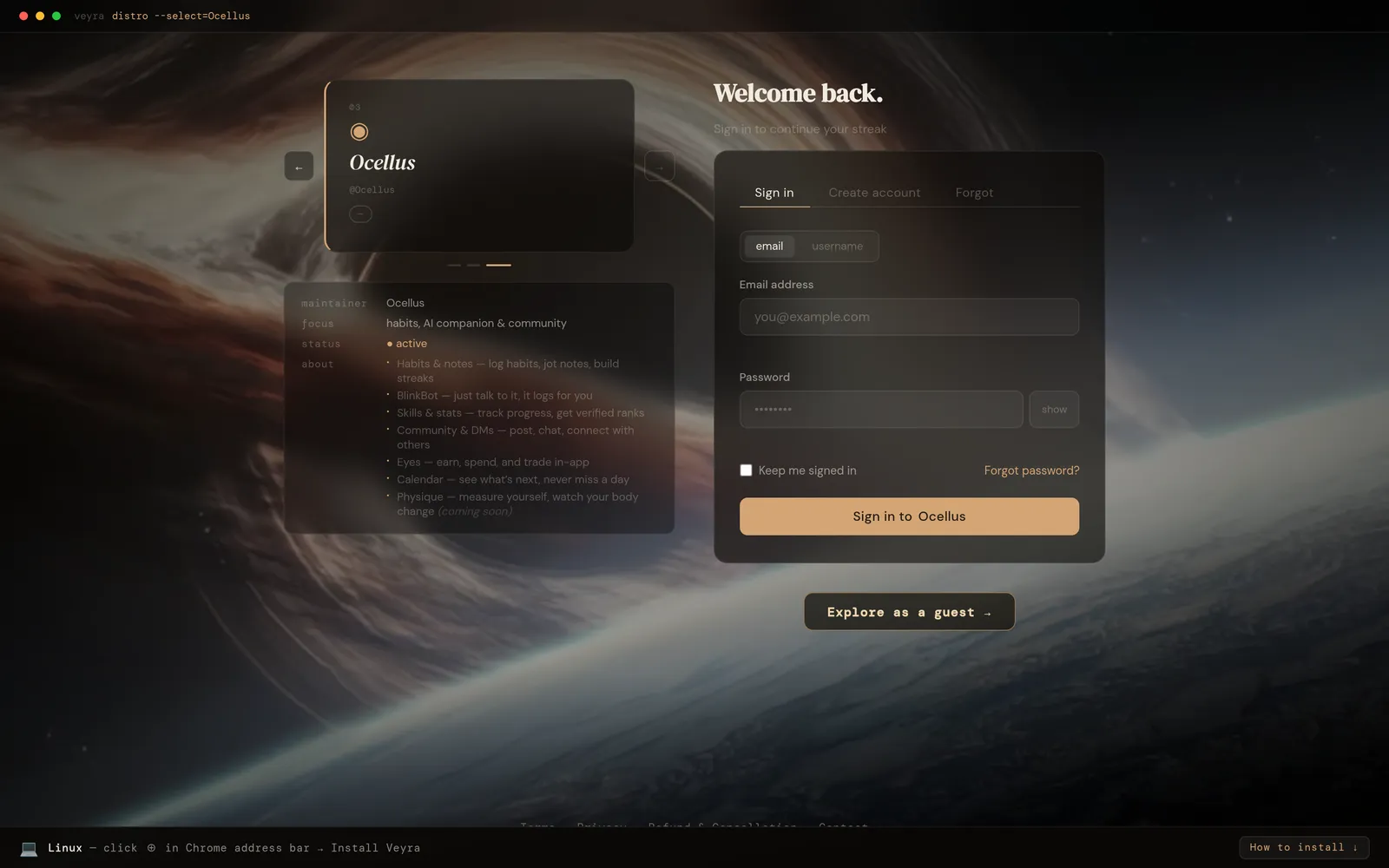 Veyra's sign-in screen with the Ocellus distro selected