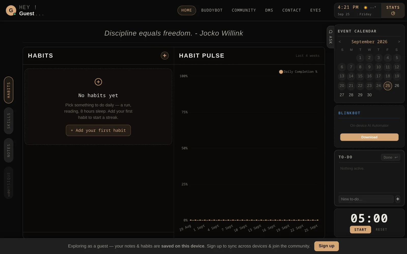 Ocellus home: habits, habit pulse chart, calendar, BlinkBot and a focus timer