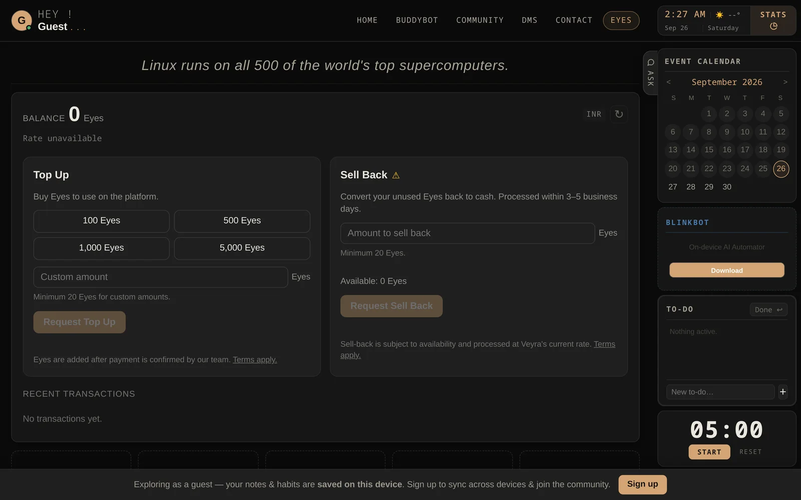 Eyes wallet: balance, top-up packs and sell-back